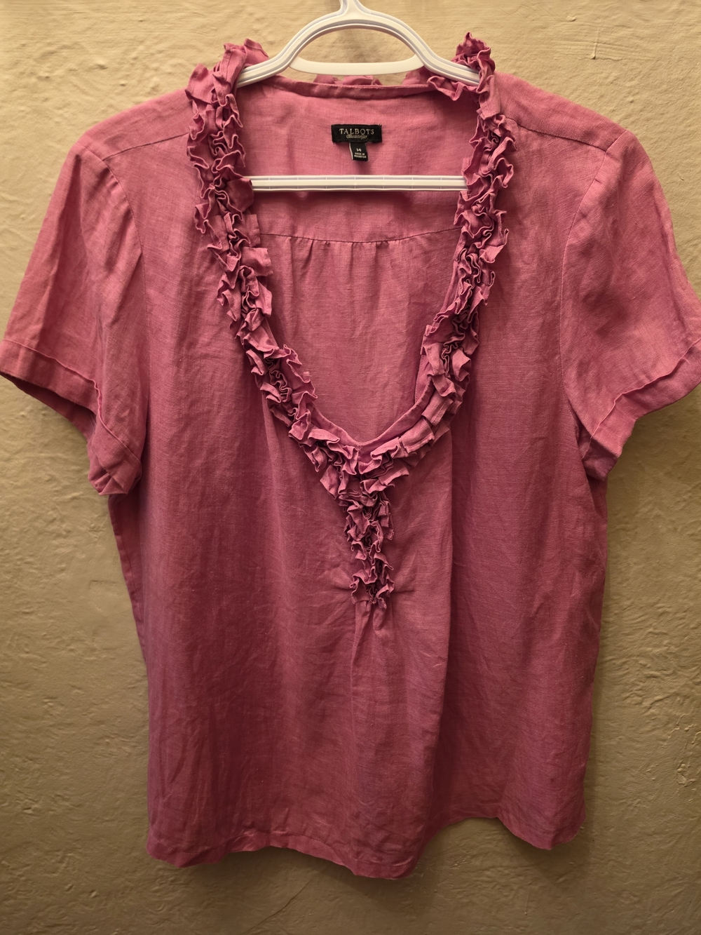 Talbots Pure Linen Pink Ruffle Neck Blouse Size 14 - Picture 6 of 11